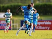 16 May 2025; James Olayinka of Waterford in action against Darragh Nugent of Shamrock Rovers during the SSE Airtricity Men's Premier Division match between Waterford and Shamrock Rovers at the Regional Sports Centre in Waterford. Photo by Thomas Flinkow/Sportsfile