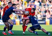 16 May 2025; Stuart McCloskey of Ulster is tackled by Ben Muncaster of Edinburgh during the United Rugby Championship match between Edinburgh and Ulster at Hive Stadium in Edinburgh, Scotland. Photo by Paul Devlin/Sportsfile