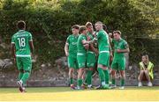 16 May 2025; Niall Brookwell of Kerry, centre, celebrates after scoring his side's first goal during the SSE Airtricity Men's First Division match between Kerry and Wexford at Mounthawk Park in Tralee, Kerry. Photo by Michael P Ryan/Sportsfile