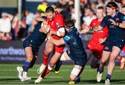 16 May 2025; Stuart McCloskey of Ulster is tackled by Ben Muncaster of Edinburgh during the United Rugby Championship match between Edinburgh and Ulster at Hive Stadium in Edinburgh, Scotland. Photo by Paul Devlin/Sportsfile
