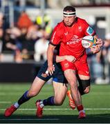16 May 2025; Rob Herring of Ulster is tackled by Matt Currie of Edinburgh during the United Rugby Championship match between Edinburgh and Ulster at Hive Stadium in Edinburgh, Scotland. Photo by Paul Devlin/Sportsfile