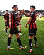 16 May 2025; Dayle Rooney of Bohemians, right, celebrates with teammate Rob Cornwall after scoring their side's first goal during the SSE Airtricity Men's Premier Division match between Bohemians and Shelbourne at Dalymount Park in Dublin. Photo by Seb Daly/Sportsfile