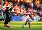 16 May 2025; Aidan Keena of St Patrick's Athletic in action against Sean Murray of Cork City during the SSE Airtricity Men's Premier Division match between St Patrick's Athletic and Cork City at Richmond Park in Dublin. Photo by Sam Barnes/Sportsfile