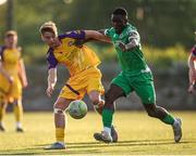 16 May 2025; Kevin Williams of Kerry in action against Ryan Kelly of Wexford during the SSE Airtricity Men's First Division match between Kerry and Wexford at Mounthawk Park in Tralee, Kerry. Photo by Michael P Ryan/Sportsfile