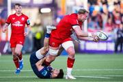 16 May 2025; Kieran Treadwell of Ulster is tackled by Ali Price of Edinburgh during the United Rugby Championship match between Edinburgh and Ulster at Hive Stadium in Edinburgh, Scotland. Photo by Paul Devlin/Sportsfile