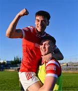 16 May 2025; Shane Lennon, left, and Ronan Deery of Louth after their side's victory in the Dalata Hotel Group GAA Football All-Ireland U20 Championship semi-final match between Mayo and Louth at Glennon Brothers Pearse Park in Longford. Photo by Stephen Marken/Sportsfile