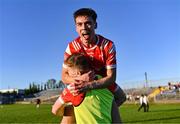 16 May 2025; Shane Lennon is lifted by Ronan Deery of Louth after their side's victory in the Dalata Hotel Group GAA Football All-Ireland U20 Championship semi-final match between Mayo and Louth at Glennon Brothers Pearse Park in Longford. Photo by Stephen Marken/Sportsfile
