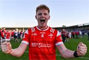 16 May 2025; Pádraic Tinnelly of Louth celebrates after his side's victory in the Dalata Hotel Group GAA Football All-Ireland U20 Championship semi-final match between Mayo and Louth at Glennon Brothers Pearse Park in Longford. Photo by Stephen Marken/Sportsfile
