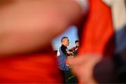 16 May 2025; Louth manager Fergal Reel speaks to his players after their side's victory in the Dalata Hotel Group GAA Football All-Ireland U20 Championship semi-final match between Mayo and Louth at Glennon Brothers Pearse Park in Longford. Photo by Stephen Marken/Sportsfile