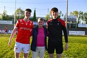 16 May 2025; James Maguire of Louth with his grandmother Noleen Coyle, and his brother and Louth minor footballer Tom, after the Dalata Hotel Group GAA Football All-Ireland U20 Championship semi-final match between Mayo and Louth at Glennon Brothers Pearse Park in Longford. Photo by Stephen Marken/Sportsfile
