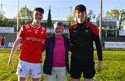 16 May 2025; James Maguire of Louth with his grandmother Noleen Coyle, and his brother and Louth minor footballer Tom, after the Dalata Hotel Group GAA Football All-Ireland U20 Championship semi-final match between Mayo and Louth at Glennon Brothers Pearse Park in Longford. Photo by Stephen Marken/Sportsfile