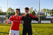 16 May 2025; James Maguire of Louth with his brother and Louth minor footballer, Tom, after the Dalata Hotel Group GAA Football All-Ireland U20 Championship semi-final match between Mayo and Louth at Glennon Brothers Pearse Park in Longford. Photo by Stephen Marken/Sportsfile