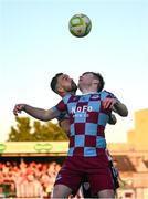 16 May 2025; Conor Kane of Drogheda United in action against Robbie Benson of Derry City during the SSE Airtricity Men's Premier Division match between Drogheda United and Derry City at Sullivan & Lambe Park in Drogheda, Louth. Photo by Ramsey Cardy/Sportsfile