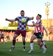 16 May 2025; Ryan Brennan of Drogheda United in action against Gavin Whyte of Derry City during the SSE Airtricity Men's Premier Division match between Drogheda United and Derry City at Sullivan & Lambe Park in Drogheda, Louth. Photo by Ramsey Cardy/Sportsfile