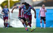 16 May 2025; Thomas Oluwa of Drogheda United in action against Hayden Cann of Derry City during the SSE Airtricity Men's Premier Division match between Drogheda United and Derry City at Sullivan & Lambe Park in Drogheda, Louth. Photo by Ramsey Cardy/Sportsfile