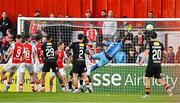 16 May 2025; St Patrick's Athletic goalkeeper Joseph Anang fails to save the header of Charlie Lyons of Cork City during the SSE Airtricity Men's Premier Division match between St Patrick's Athletic and Cork City at Richmond Park in Dublin. Photo by Sam Barnes/Sportsfile