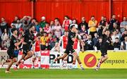 16 May 2025; Charlie Lyons of Cork City, centre, celebrates after scoring his side's first goal during the SSE Airtricity Men's Premier Division match between St Patrick's Athletic and Cork City at Richmond Park in Dublin. Photo by Sam Barnes/Sportsfile