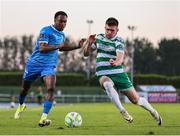 16 May 2025; Josh Honohan of Shamrock Rovers in action against Navajo Bakboard of Waterford during the SSE Airtricity Men's Premier Division match between Waterford and Shamrock Rovers at the Regional Sports Centre in Waterford. Photo by Thomas Flinkow/Sportsfile