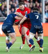 16 May 2025; Stuart McCloskey of Ulster is tackled by Hamish Watson of Edinburgh, 7, during the United Rugby Championship match between Edinburgh and Ulster at Hive Stadium in Edinburgh, Scotland. Photo by Paul Devlin/Sportsfile