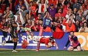 16 May 2025; Thaakir Abrahams of Munster scores his side's third try during the United Rugby Championship match between Munster and Benetton at Virgin Media Park in Cork. Photo by Brendan Moran/Sportsfile