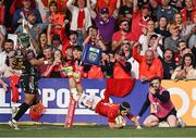 16 May 2025; Thaakir Abrahams of Munster scores his side's third try during the United Rugby Championship match between Munster and Benetton at Virgin Media Park in Cork. Photo by Brendan Moran/Sportsfile