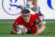 16 May 2025; Jude Postlethwaite of Ulster scores his side's second try during the United Rugby Championship match between Edinburgh and Ulster at Hive Stadium in Edinburgh, Scotland. Photo by Paul Devlin/Sportsfile