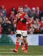 16 May 2025; Peter O'Mahony of Munster leaves the pitch upon being substituted during the United Rugby Championship match between Munster and Benetton at Virgin Media Park in Cork. Photo by Brendan Moran/Sportsfile
