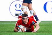16 May 2025; Jude Postlethwaite of Ulster scores his side's second try during the United Rugby Championship match between Edinburgh and Ulster at Hive Stadium in Edinburgh, Scotland. Photo by Paul Devlin/Sportsfile