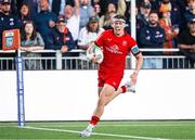 16 May 2025; Jude Postlethwaite of Ulster scores his side's second try during the United Rugby Championship match between Edinburgh and Ulster at Hive Stadium in Edinburgh, Scotland. Photo by Paul Devlin/Sportsfile