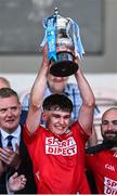 16 May 2025; Cork captain Bobby Carroll lifts The John Doyle Cup after his side's victory in the Electric Ireland GAA Hurling Munster Minor Championship final match between Cork and Waterford at FBD Semple Stadium in Thurles, Tipperary. Photo by Piaras Ó Mídheach/Sportsfile
