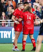 16 May 2025; Jude Postlethwaite of Ulster celebrates with team-mate Darcy Graham of Ulster, 14, after scoring their side's second try during the United Rugby Championship match between Edinburgh and Ulster at Hive Stadium in Edinburgh, Scotland. Photo by Paul Devlin/Sportsfile