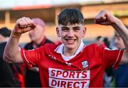 16 May 2025; Jack Counihan of Cork celebrates after his side's victory in the Electric Ireland GAA Hurling Munster Minor Championship final match between Cork and Waterford at FBD Semple Stadium in Thurles, Tipperary. Photo by Piaras Ó Mídheach/Sportsfile