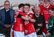 16 May 2025; Cork players Bobby Carroll, left, and Tom A Walsh celebrate after their side's victory in the Electric Ireland GAA Hurling Munster Minor Championship final match between Cork and Waterford at FBD Semple Stadium in Thurles, Tipperary. Photo by Piaras Ó Mídheach/Sportsfile