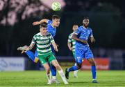 16 May 2025; Tommy Longergan of Waterford in action against Matt Healy of Shamrock Rovers during the SSE Airtricity Men's Premier Division match between Waterford and Shamrock Rovers at the Regional Sports Centre in Waterford. Photo by Thomas Flinkow/Sportsfile