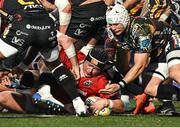 16 May 2025; Josh Wycherley of Munster scores his side's fourth try during the United Rugby Championship match between Munster and Benetton at Virgin Media Park in Cork. Photo by Brendan Moran/Sportsfile