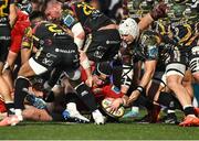 16 May 2025; Josh Wycherley of Munster scores his side's fourth try during the United Rugby Championship match between Munster and Benetton at Virgin Media Park in Cork. Photo by Brendan Moran/Sportsfile