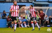16 May 2025; Dom Thomas of Derry City celebrates after scoring his side's first goal during the SSE Airtricity Men's Premier Division match between Drogheda United and Derry City at Sullivan & Lambe Park in Drogheda, Louth. Photo by Ramsey Cardy/Sportsfile