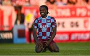 16 May 2025; Thomas Oluwa of Drogheda United reacts after a missed chance during the SSE Airtricity Men's Premier Division match between Drogheda United and Derry City at Sullivan & Lambe Park in Drogheda, Louth. Photo by Ramsey Cardy/Sportsfile