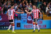 16 May 2025; Dom Thomas of Derry City, right, celebrates with Robbie Benson after scoring their side's first goal during the SSE Airtricity Men's Premier Division match between Drogheda United and Derry City at Sullivan & Lambe Park in Drogheda, Louth. Photo by Ramsey Cardy/Sportsfile