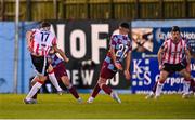 16 May 2025; Dom Thomas of Derry City scores his side's first goal during the SSE Airtricity Men's Premier Division match between Drogheda United and Derry City at Sullivan & Lambe Park in Drogheda, Louth. Photo by Ramsey Cardy/Sportsfile