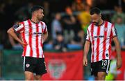 16 May 2025; Michael Duffy, left, and Robbie Benson of Derry City during the SSE Airtricity Men's Premier Division match between Drogheda United and Derry City at Sullivan & Lambe Park in Drogheda, Louth. Photo by Ramsey Cardy/Sportsfile
