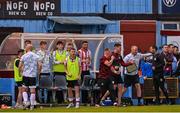 16 May 2025; The Derry City substitutes bench, including manager Tiernan Lynch, celebrate their side's first goal, scored by Dom Thomas, during the SSE Airtricity Men's Premier Division match between Drogheda United and Derry City at Sullivan & Lambe Park in Drogheda, Louth. Photo by Ramsey Cardy/Sportsfile