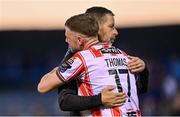 16 May 2025; Derry City goalscorer Dom Thomas is congratulated by manager Tiernan Lynch after the SSE Airtricity Men's Premier Division match between Drogheda United and Derry City at Sullivan & Lambe Park in Drogheda, Louth. Photo by Ramsey Cardy/Sportsfile