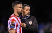 16 May 2025; Derry City manager Tiernan Lynch, right, and Michael Duffy after the SSE Airtricity Men's Premier Division match between Drogheda United and Derry City at Sullivan & Lambe Park in Drogheda, Louth. Photo by Ramsey Cardy/Sportsfile