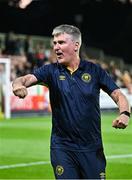 16 May 2025; St Patrick's Athletic manager Stephen Kenny celebrates after his side's victory during the SSE Airtricity Men's Premier Division match between St Patrick's Athletic and Cork City at Richmond Park in Dublin. Photo by Sam Barnes/Sportsfile