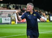 16 May 2025; St Patrick's Athletic manager Stephen Kenny celebrates after his side's victory during the SSE Airtricity Men's Premier Division match between St Patrick's Athletic and Cork City at Richmond Park in Dublin. Photo by Sam Barnes/Sportsfile