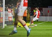 16 May 2025; Zach Elbouzedi of St Patrick's Athletic, right, scores his side's second goal during the SSE Airtricity Men's Premier Division match between St Patrick's Athletic and Cork City at Richmond Park in Dublin. Photo by Sam Barnes/Sportsfile