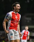 16 May 2025; Simon Power of St Patrick's Athletic celebrates his side's second goal, scored by Zach Elbouzedi, during the SSE Airtricity Men's Premier Division match between St Patrick's Athletic and Cork City at Richmond Park in Dublin. Photo by Sam Barnes/Sportsfile