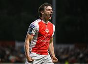 16 May 2025; Simon Power of St Patrick's Athletic celebrates his side's second goal, scored by Zach Elbouzedi, during the SSE Airtricity Men's Premier Division match between St Patrick's Athletic and Cork City at Richmond Park in Dublin. Photo by Sam Barnes/Sportsfile