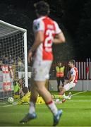 16 May 2025; Zach Elbouzedi of St Patrick's Athletic, right, scores his side's second goal during the SSE Airtricity Men's Premier Division match between St Patrick's Athletic and Cork City at Richmond Park in Dublin. Photo by Sam Barnes/Sportsfile